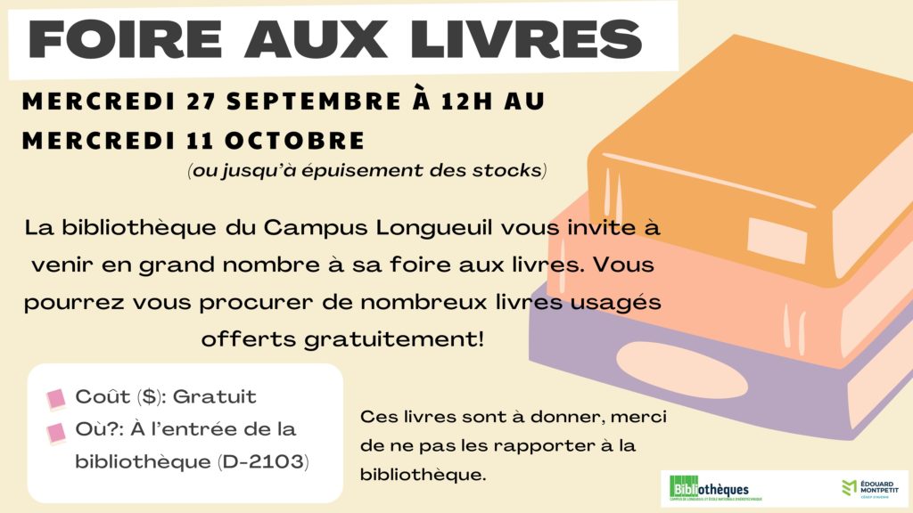 Foire aux livres à la bibliothèque du campus de Longueuil. Débute le mercredi 27 septembre à midi !