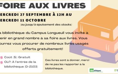 Foire aux livres à la bibliothèque du campus de Longueuil. Débute le mercredi 27 septembre à midi !