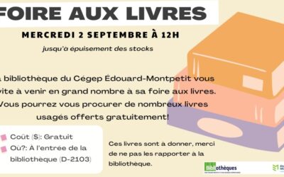 Foire aux livres à la bibliothèque du Cégep ! Débute le mercredi 2 septembre à midi !